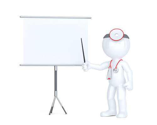 3d doctor with white board. Presentation concept. Isolated. Contains clipping path of board and entire scene