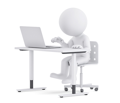 Man behind a desk working on a laptop. 3D illustration. Isolated