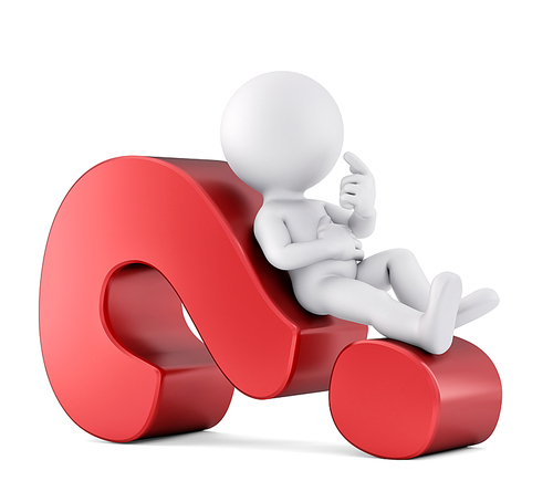 Man lying on a question mark. 3D illustration. Isolated
