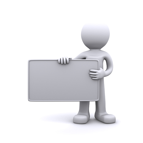 3D character holding a blank board. Isolated