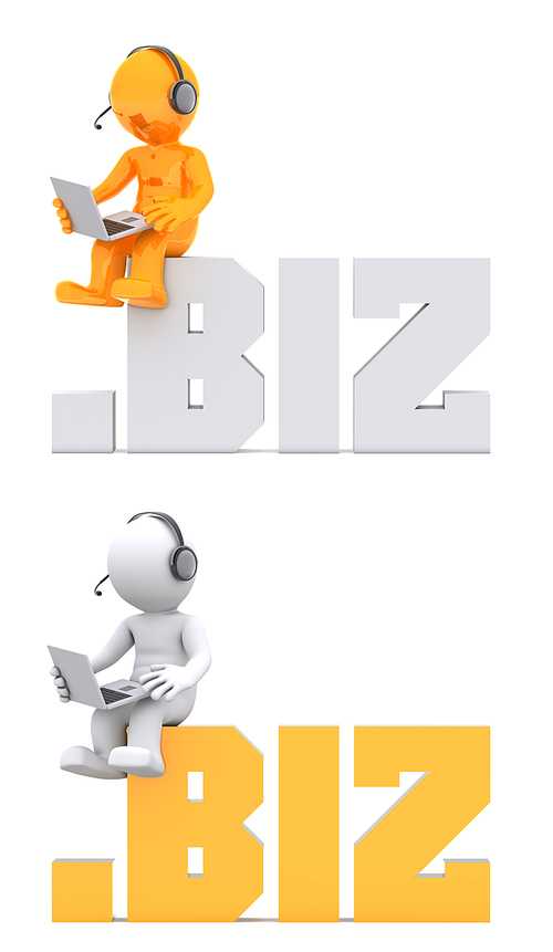 3d character sitting on .biz domain sign. Isolated on white