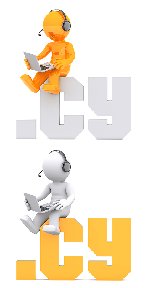 3d character sitting on .CY domain sign. Isolated