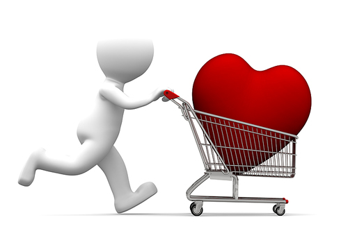3d character driving shopping cart with red heart inside,. Conceptual shopping illustration