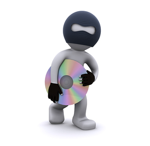 3d character stealing cd. Computer piracy concept. Isolated