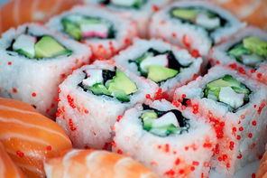 California maki and sushi close up. Possible to use as a background.
