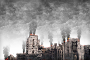 Fictitious city. Apocalyptic cityscape. Digital illustration.