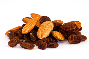 mix of raisinsand almond nut on isolated background