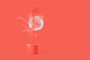 Abstract plant in a pot on pink background. 3D Rendering