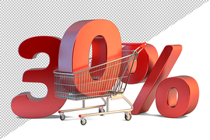 Shopping cart with 30 percent discount sign. 3D illustration. Isolated