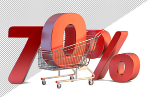 Shopping cart with 70 percent discount sign. 3D illustration