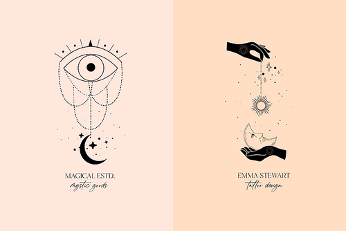 Alchemy esoteric mystical magic celestial talisman with woman hands, sun, moon, evil eye, stars sacred geometry isolated. Spiritual occultism object. Vector illustrations in black outline style