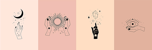 Set of alchemy esoteric mystical magic celestial talisman with woman hands, sun, moon, stars sacred geometry isolated. Spiritual occultism object. Vector illustrations in black outline style