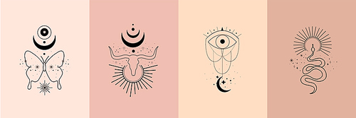 Set of alchemy esoteric mystical magic celestial talisman with skull of bull, snake, butterfly, sun, moon, stars sacred geometry. Spiritual occultism object. Vector illustration in black outline style