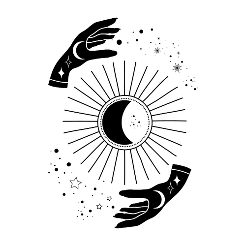 Alchemy esoteric mystical magic celestial talisman with hands sun, moon, stars sacred geometry isolated. Spiritual occultism object. Vector illustrations in black outline style