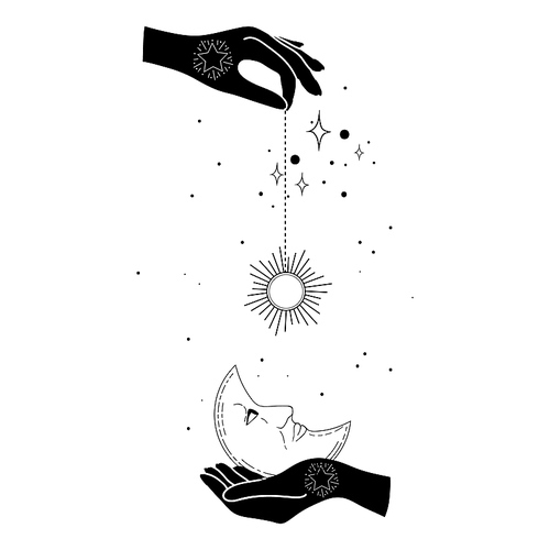 Alchemy esoteric mystical magic celestial talisman with woman hands, sun, moon, stars sacred geometry isolated. Spiritual occultism object. Vector illustrations in black outline style