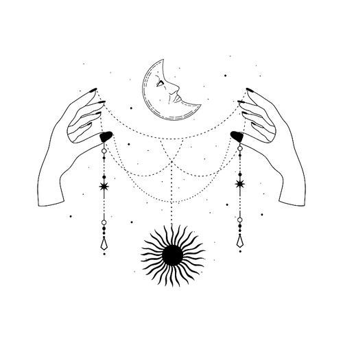 Alchemy esoteric mystical magic celestial talisman with woman hands, sun, moon, stars sacred geometry isolated. Spiritual occultism object. Vector illustrations in black outline style