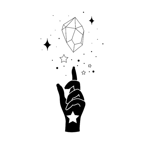 Alchemy esoteric mystical magic celestial talisman with woman hand and crystal sacred geometry isolated. Spiritual occultism object. Vector illustrations in black outline style