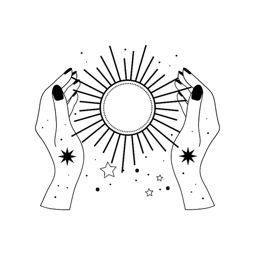 Alchemy esoteric mystical magic celestial talisman with hands sun, stars sacred geometry isolated. Spiritual occultism object. Vector illustrations in black outline style