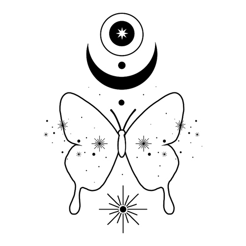 Alchemy esoteric mystical magic celestial talisman with butterfly, moon, stars sacred geometry isolated. Spiritual occultism object. Vector illustrations in black outline style