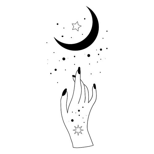 Alchemy esoteric mystical magic celestial talisman with woman hand, moon, stars sacred geometry isolated. Spiritual occultism object. Vector illustrations in black outline style