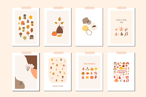 Autumn mood greeting card poster. Welcome fall season thanksgiving invitation. Minimalist postcard nature leaves, trees, pumpkins, abstract shapes. Vector illustration in flat cartoon style