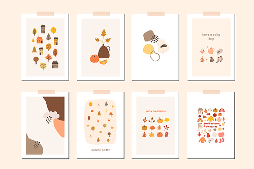 Autumn mood greeting card poster template. Welcome fall season thanksgiving invitation. Minimalist postcard nature leaves, trees, pumpkins, abstract shapes. Vector illustration in flat cartoon style