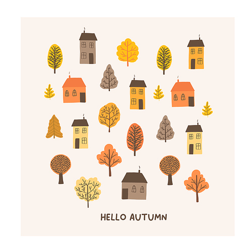 Autumn mood greeting card with cute tiny houses, trees poster. Welcome fall season thanksgiving invitation. Minimalist postcard nature. Vector illustration in flat cartoon style