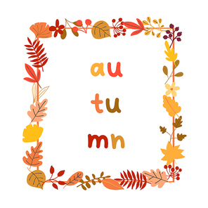 Autumn mood greeting card frame with leaves poster. Welcome fall season wreath thanksgiving invitation. Minimalist postcard nature. Vector illustration in flat cartoon style