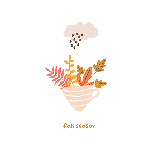 Autumn mood greeting card with cute cup, leaves, rainy cloud poster. Welcome fall season thanksgiving invitation. Minimalist postcard nature. Vector illustration in flat cartoon style