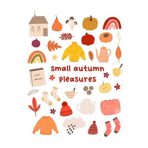 Autumn mood greeting card small autumn pleasures with house, sweater, pumpkin, book, mushroom poster. Welcome fall season thanksgiving invitation. Vector illustration in flat cartoon style