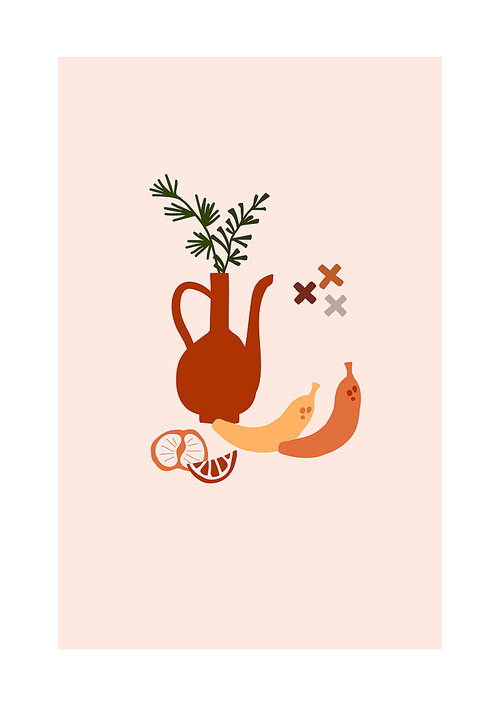 Abstract trendy card with vase branch orange bananas for poster, home decor. Vector illustration in minimalistic hand drawn style