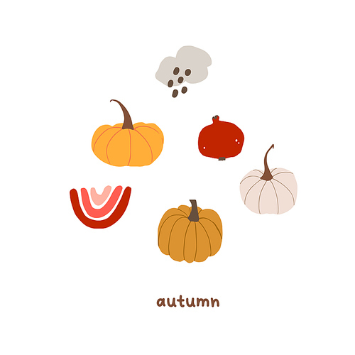 Autumn mood greeting card with pumpkin, rainy cloud, rainbow, pomegranate poster. Welcome fall season thanksgiving invitation. Vector illustration in flat cartoon style