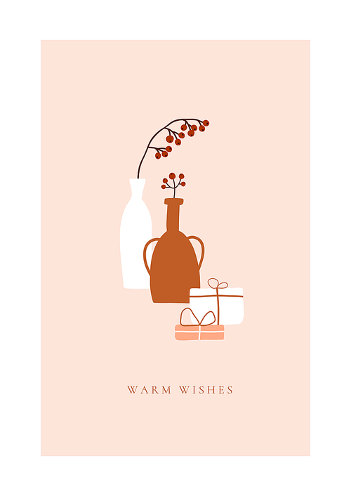 Abstract trendy christmas new year winter holiday card with vase red berries xmas gift box. Vector illustration in minimalistic hand drawn style