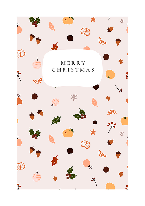 Abstract trendy christmas new year winter holiday card with xmas gifts balls holly jolly. Vector illustration in minimalistic hand drawn style
