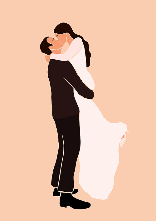 Abstract wedding couple groom and bride card isolated. Fashion minimal trendy people in cartoon flat style. Trendy poster wall  decor vector illustration