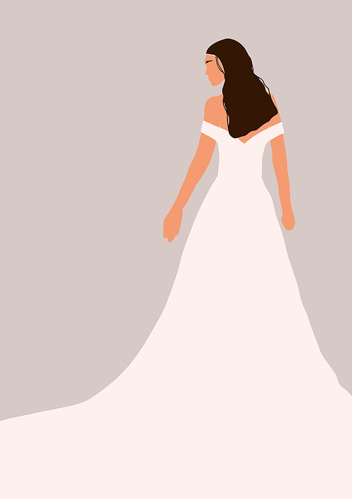 Abstract bride in wedding dress card isolated on light . Fashion minimal trendy woman in cartoon flat style. Trendy poster wall  decor vector illustration
