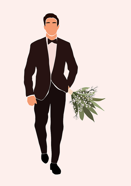 Abstract groom in wedding suit with wedding bouquet in hand card isolated on light . Fashion minimal trendy man in cartoon flat style. Trendy poster wall  decor vector illustration
