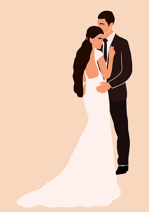 Abstract wedding couple groom and bride card isolated. Fashion minimal trendy people in cartoon flat style. Trendy poster wall  decor vector illustration