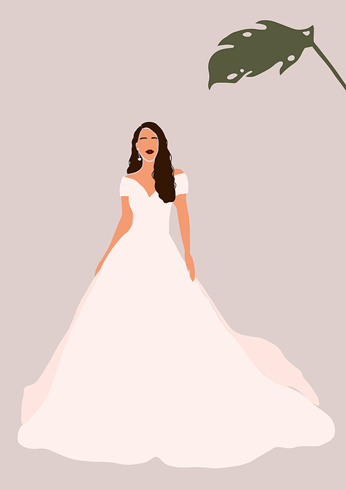 Abstract bride in wedding dress card isolated on light . Fashion minimal trendy woman in cartoon flat style. Trendy poster wall  decor vector illustration