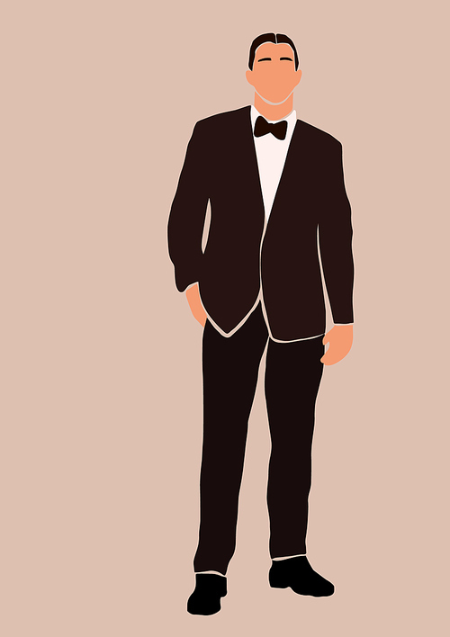 Abstract groom in wedding suit card isolated on light . Fashion minimal trendy man in cartoon flat style. Trendy poster wall  decor vector illustration