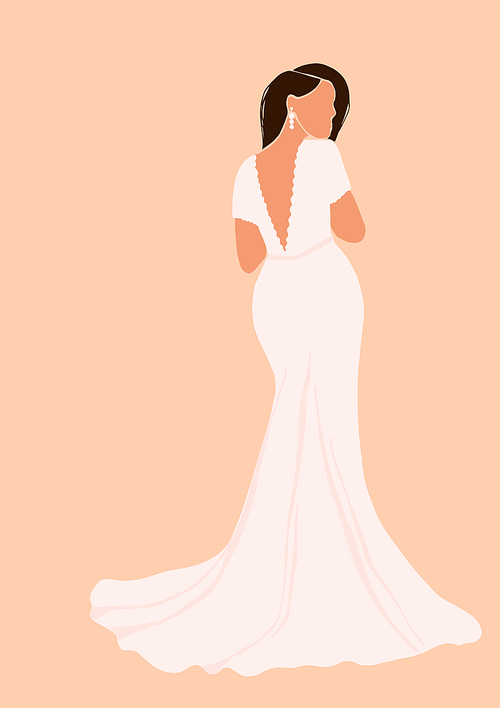 Abstract bride in wedding dress card isolated on light . Fashion minimal trendy woman in cartoon flat style. Trendy poster wall print decor vector illustration