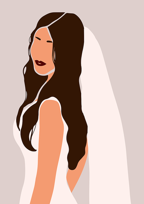 Abstract portrait of bride in wedding dress card isolated on light . Fashion minimal trendy woman in cartoon flat style. Trendy poster wall  decor vector illustration