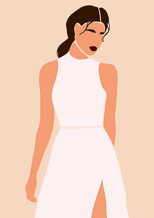 Abstract portrait of bride in wedding dress card isolated on light . Fashion minimal trendy woman in cartoon flat style. Trendy poster wall  decor vector illustration