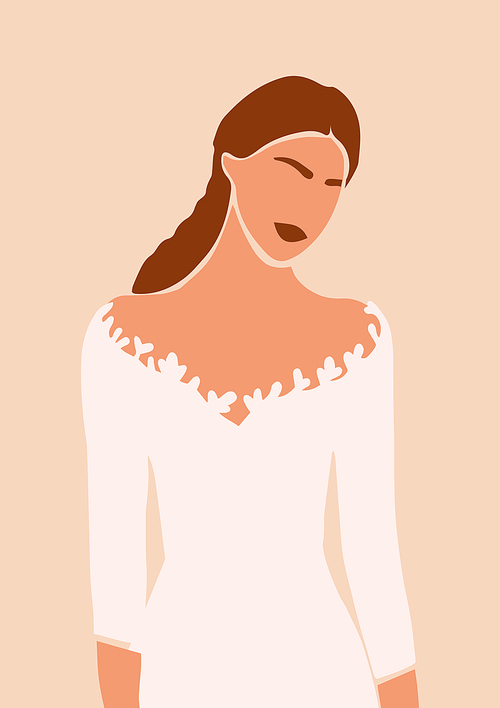Abstract portrait of bride in wedding dress cardisolated on light background. Fashion minimal trendy woman in cartoon flat style. Trendy poster wall  decor vector illustration