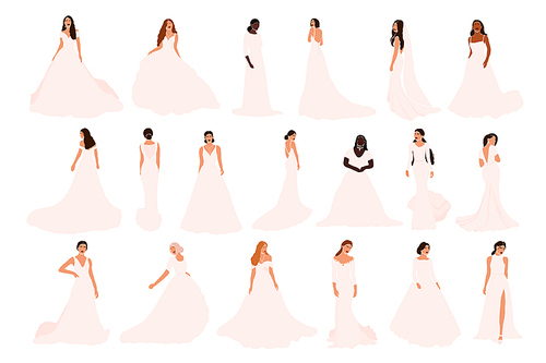set of abstract brides in various wedding dress isolated on . different nationalities african american latin european bride fiancee woman vector illustration in cartoon flat style
