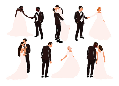 Set of abstract wedding couple grooms and brides in various pose isolated. Multiracial african american european fiancee bridegroom marriage people vector illustration in cartoon flat style