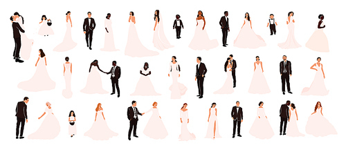 Collection of abstract wedding couple grooms and brides in various pose isolated. Multiracial african american european fiancee bridegroom marriage people vector illustration in cartoon flat style