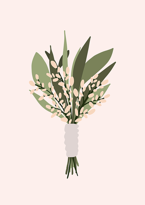 Wedding bouquet with spring flowers green leaves isolated on light . Boho bridal wedding arrangements vector illustration in cartoon flat style