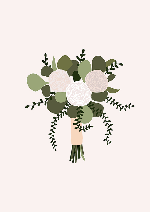Wedding bouquet with flowers rose eucalyptus green leaves isolated on light . Boho bridal wedding arrangements vector illustration in cartoon flat style