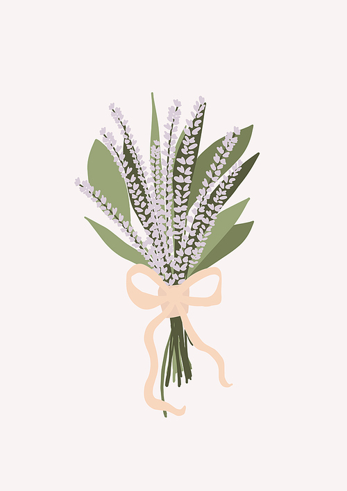 Wedding bouquet with flowers lavender eucalyptus green leaves isolated on light . Boho bridal wedding arrangements vector illustration in cartoon flat style